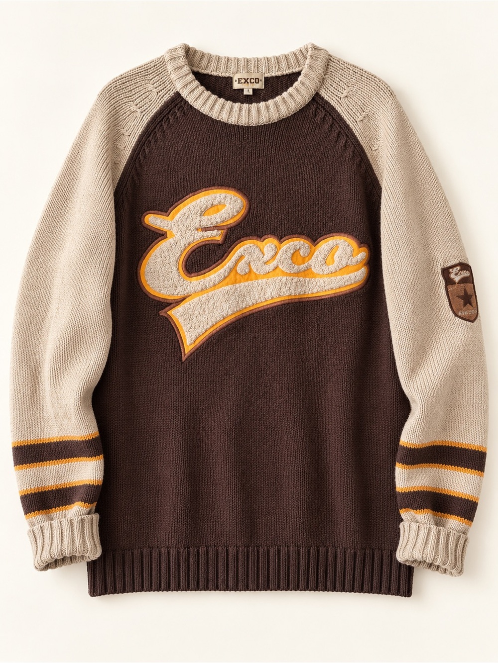 EXCO Brown & Cream Varsity Knit Sweater | Size S